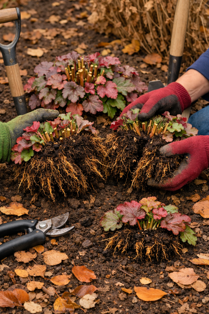 Dividing Heuchera in fall gives it plenty of time to recover to bloom prolifically next season.