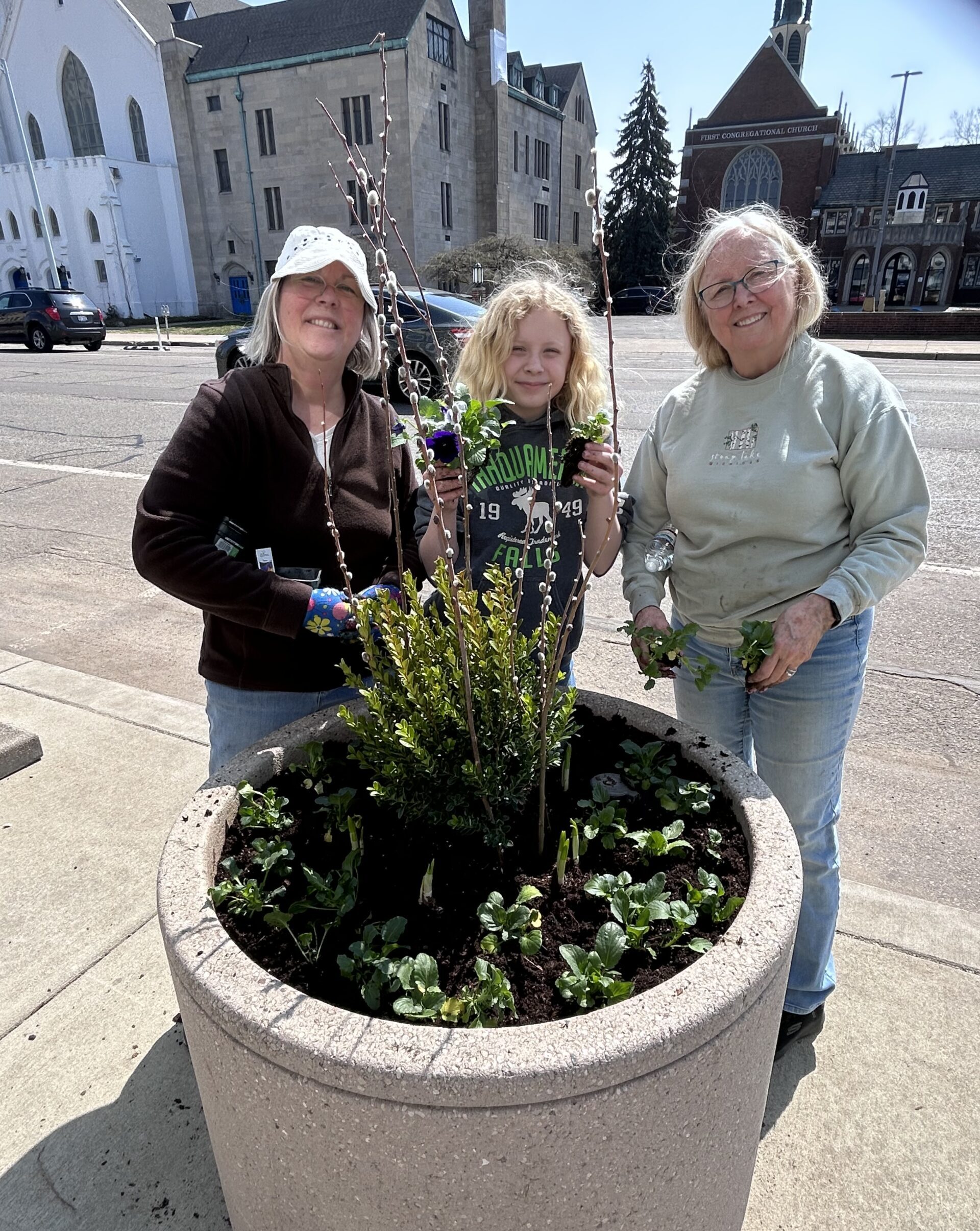 Planting flower containers in the city